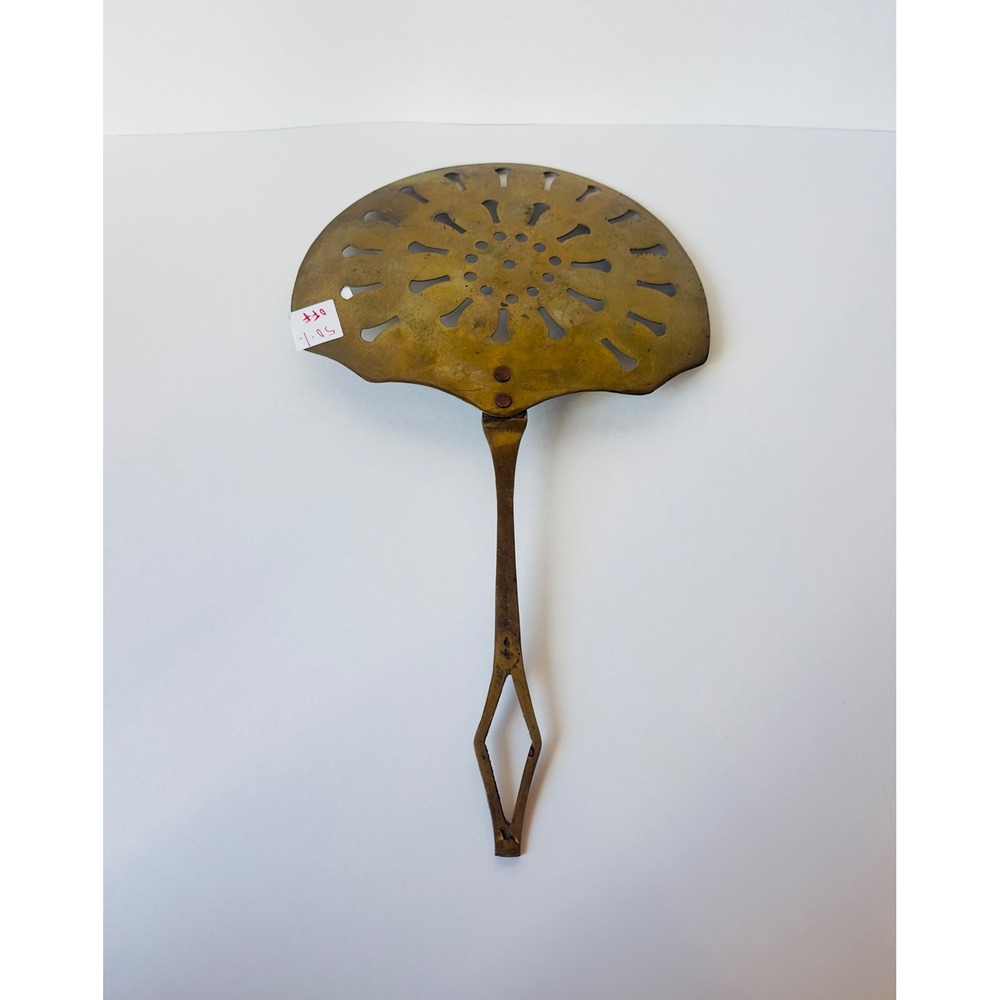 Antique Brass Chestnut Roaster Skimmer Pierced Fan Tool Primitive Fireplace 50's